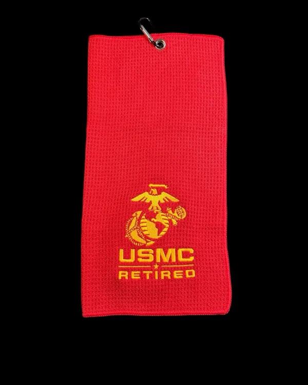 USMC Retired Golf Towel (2 Sides) 28k Stitches (8in x 16in) Red