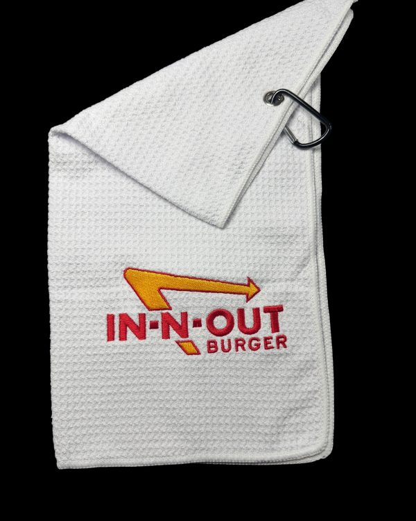 In-N-Out Golf Towel with clip. (8in x 16in) 25k Stitches