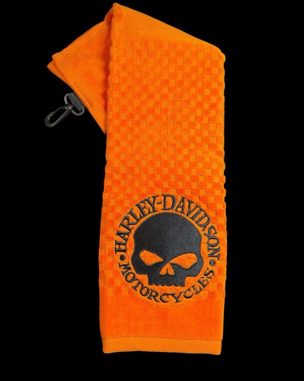 Harley Davidson (Orange & Black) Golf Towel (6in X 23in) 5in Skull